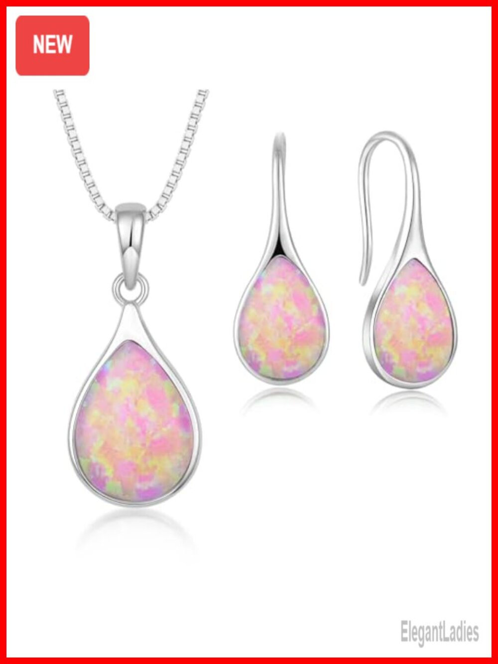 925 Sterling Silver Opal Earring Necklace Set Teardrop October Birthstone